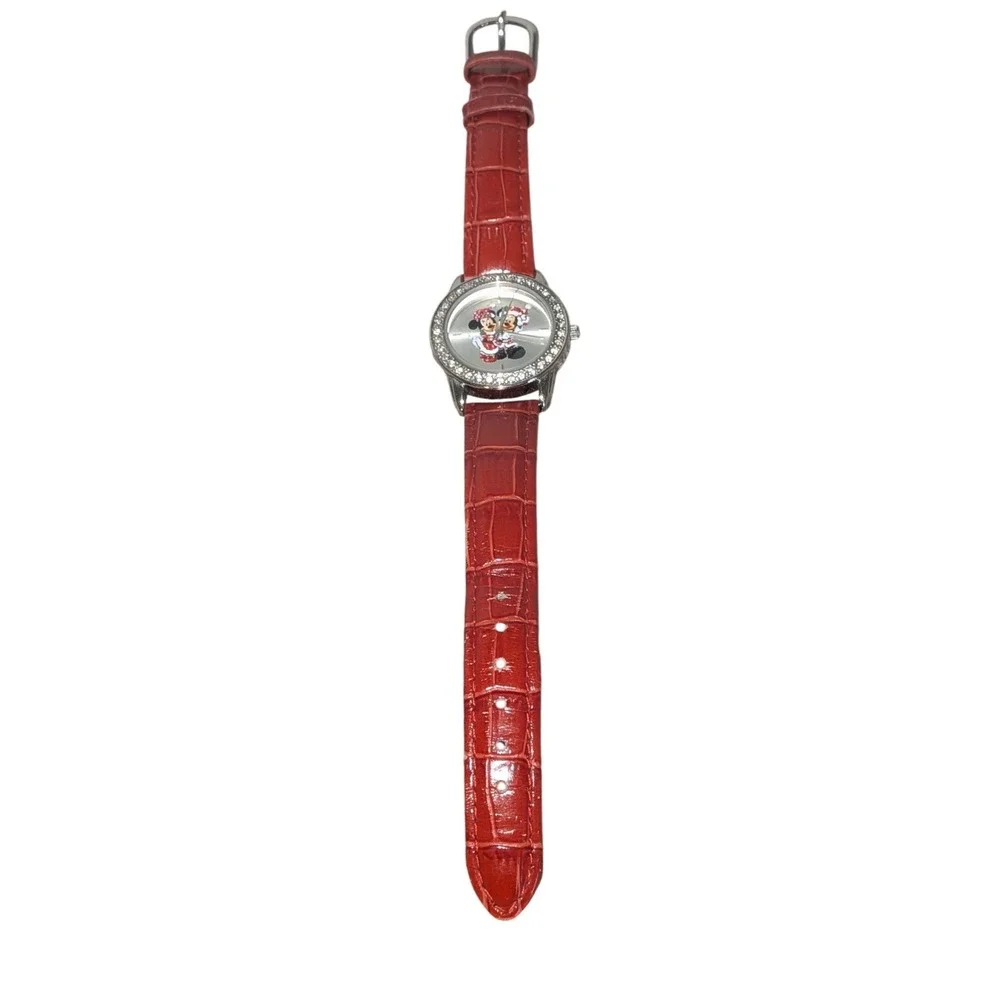 Disney Parks Mickey Minnie Christmas Watch Red Leather Crystal Bezel Japan‎ Movt